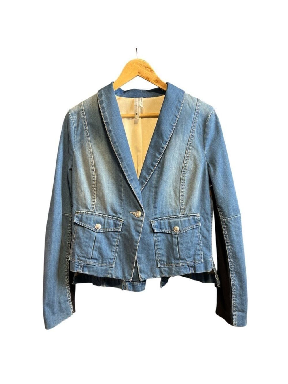 BCBGMaxAzria Light Blue Faded Denim Tuxedo Jacket